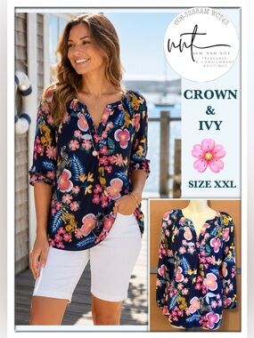 Crown & Ivy XXL Floral Animal Print Peasant Blouse Navy 3/4 Sleeve Women’s